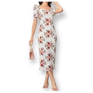 SHEIN RED & WHITE PUFF SLEEVE SLIT BACK FLORAL DRESS SZ.M EUC.